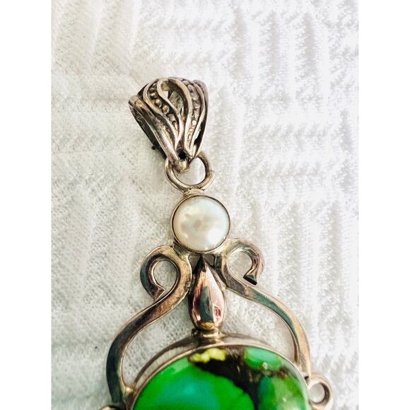 Vintage Sterling Silver Mojave Turquoise & Pearl Pendant 925 Boho 7g Green - Picture 3 of 10